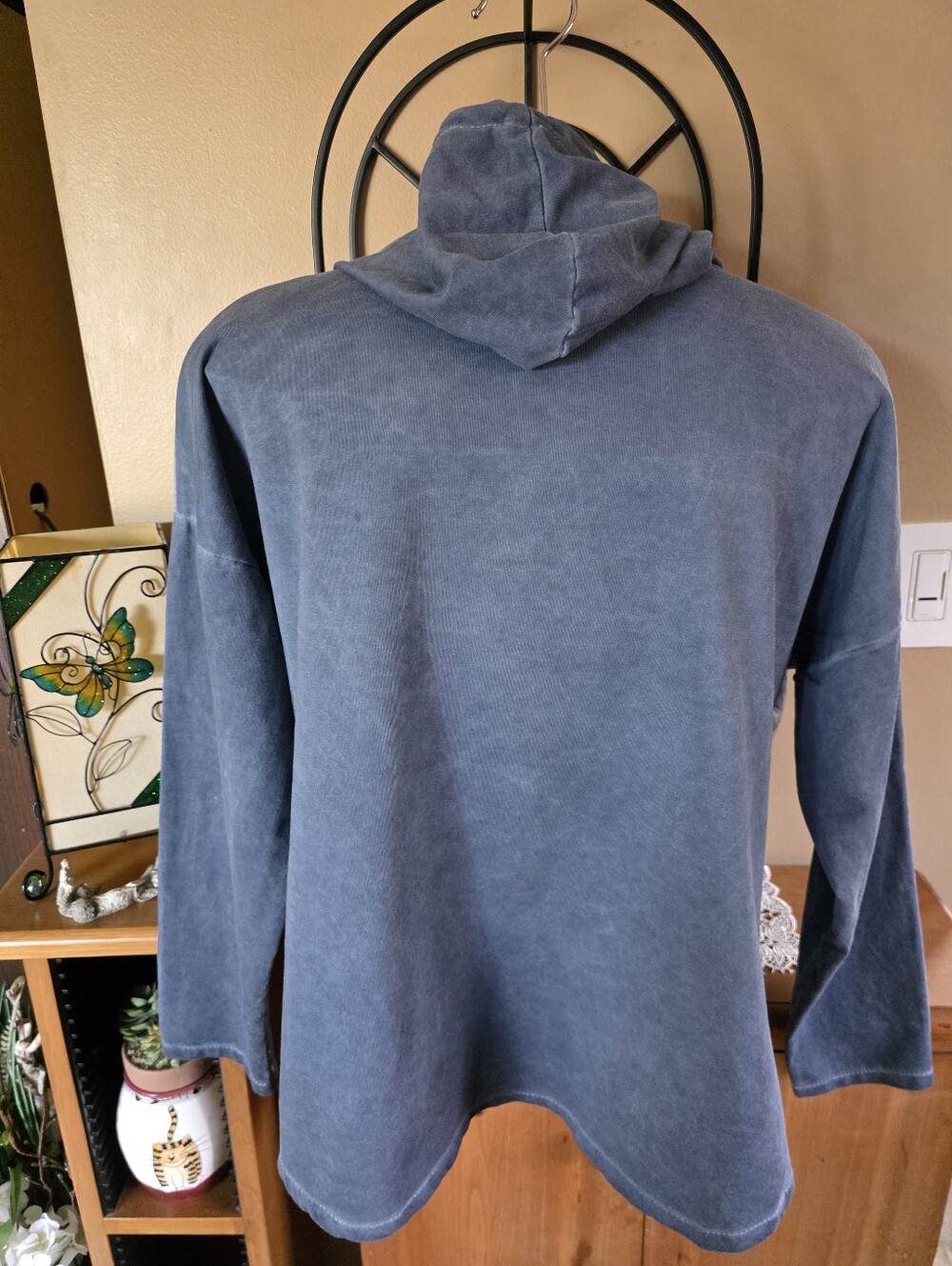 Made In Italy Sequin Pullover Suede Like Fabric Lightweight Hoodie in Dusty Blue - Picture 2 of 12